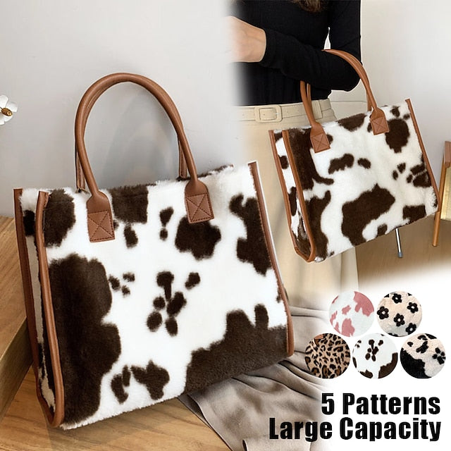 Tote Bag with Leather Faux Leopard Print Brown Women's Fur FashionChic