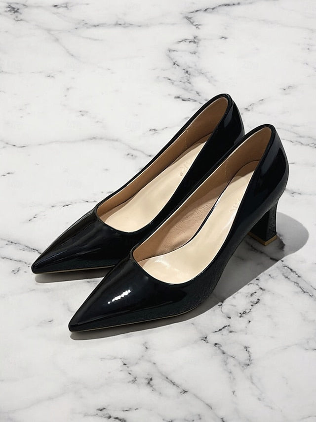 Pointed-Toe Glossy Patent Leather Heel Green Pumps Faux Block FashionChic