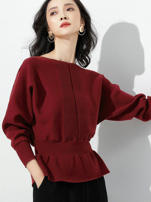 Elegant Red Boat Neck Tunic Ruffled Hem Long Sleeve Sweater AN1040 Genistyle Shop