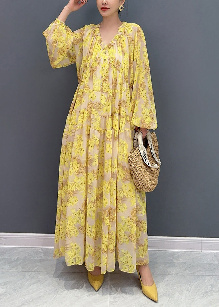 Plus Size Yellow V Neck Ruffled Print Chiffon Long Dresses Fall AO1069 JDML-FDL240909