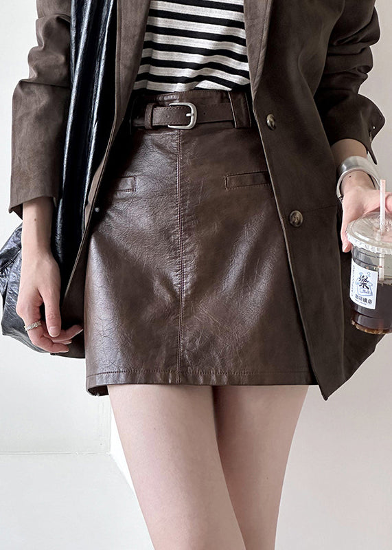 Modern Coffee Zippered High Waist Faux Leather Skirt Fall AF1059 HS-SPTS240914