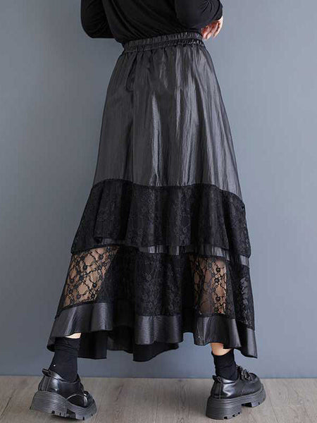 Goth Black Elasticity Layered Irregular Hem Patchwork Lace A-Line Skirt TW023 ABC