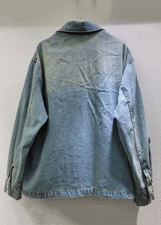 Denim Peter Pan Spring Coat New Button Collar Bow Blue FashionChic