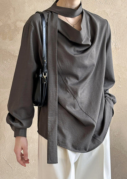 French Grey Button Bow Cotton Blouses Fall AF1058 HS-LTP240914