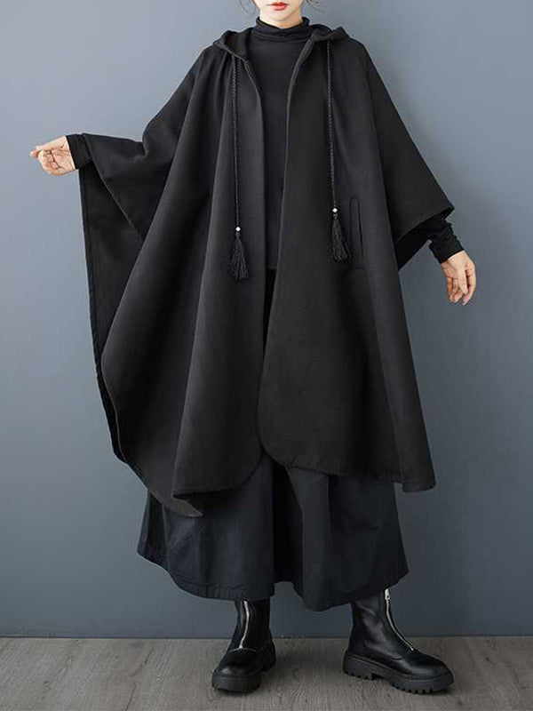 Stylish Black Hooded Drawstring Tasseled Pockets Zip-up Batwing Sleeve Trench Coat TW007 ABC