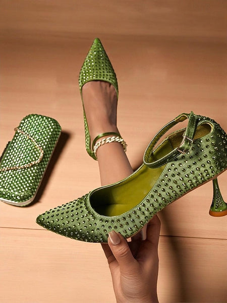 Clutch Matching Women's Set Green Bag Rhinestone Heels and FashionChic