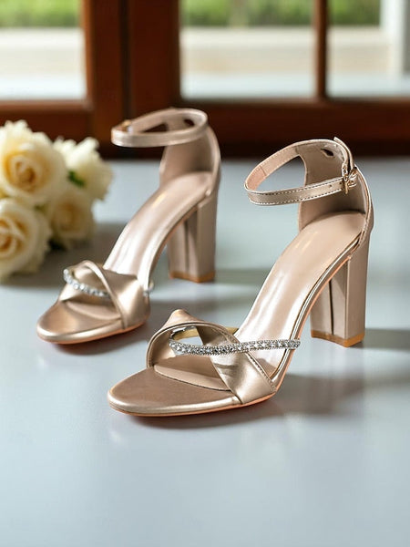 Sandals Ankle Women's Open-Toe Heel PU - Gold Block Strap FashionChic