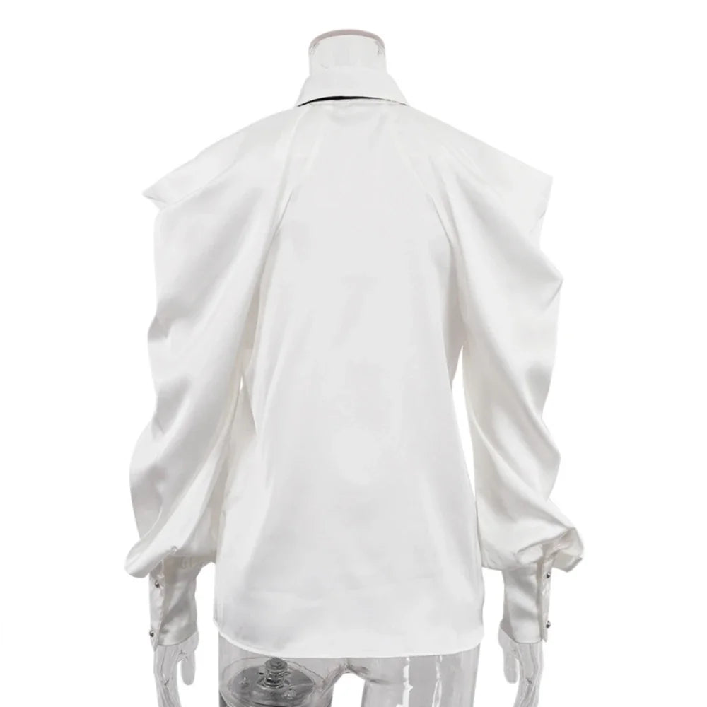 Satin Off Tie Top Sleeve Party Long Shoulder Lapel White with FashionChic