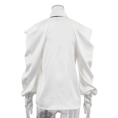 Satin Off Tie Top Sleeve Party Long Shoulder Lapel White with FashionChic