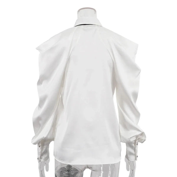 Satin Off Tie Top Sleeve Party Long Shoulder Lapel White with FashionChic
