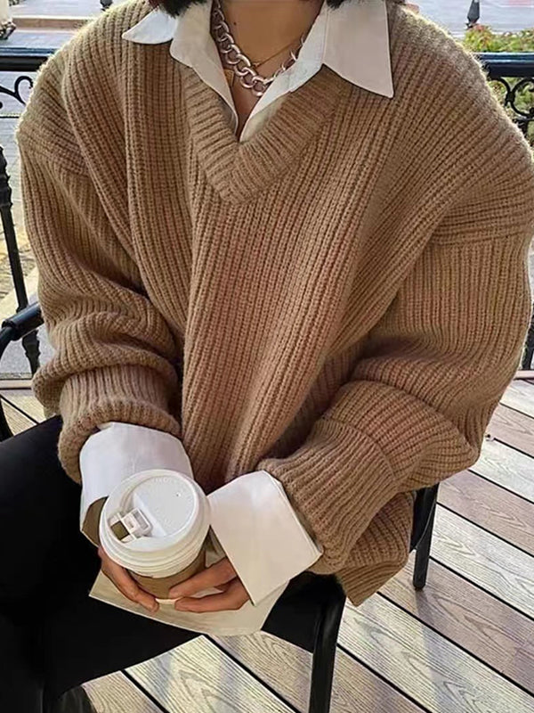 Simple Loose Klein Blue V-Neck Long Sleeve Knit Sweater AN1066 Genistyle Shop