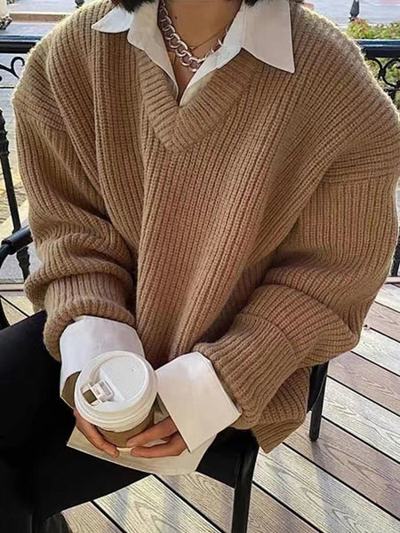 Simple Loose Klein Blue V-Neck Long Sleeve Knit Sweater AN1066 Genistyle Shop