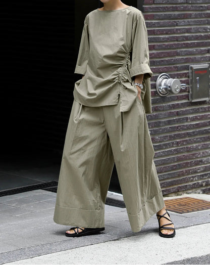 Casual Cotton Top Drawstring Sleeve Khaki Half Asymmetrical FashionChic