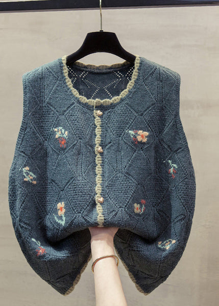 Unique Beige O-Neck Embroidered Floral Cotton Knit Waistcoat Fall QP013 OL-NTP241001