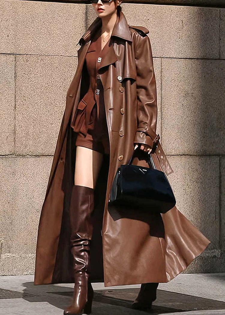 French Coffee Notched Button Faux Leather Long Trench Coat Winter RY002 ABC