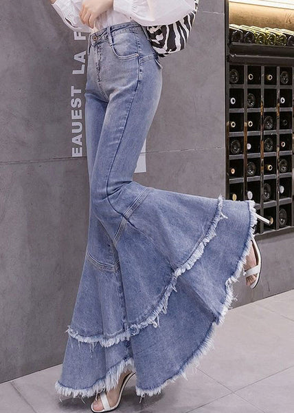 Denim Spring Stylish Tasseled Flared Patchwork Trousers Blue FashionChic