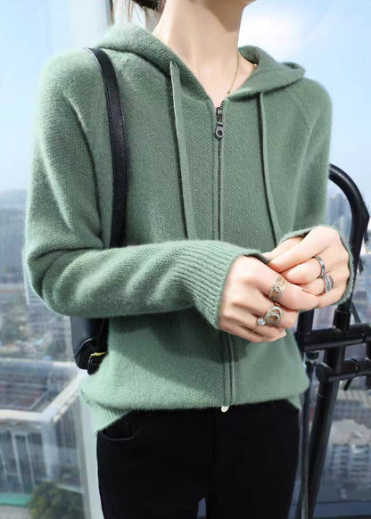 Elegant Beige Hooded Zippered Solid Cotton Knit Coat Fall QX027 shopify