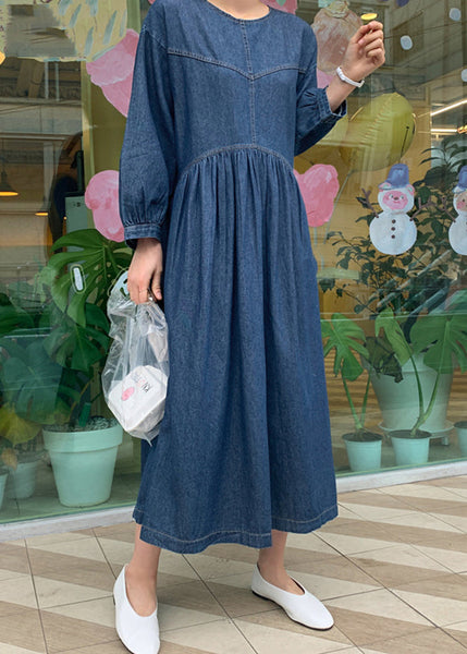 Casual Denim Blue O-Neck Wrinkled Patchwork Long Dress Spring TT1049 shopify