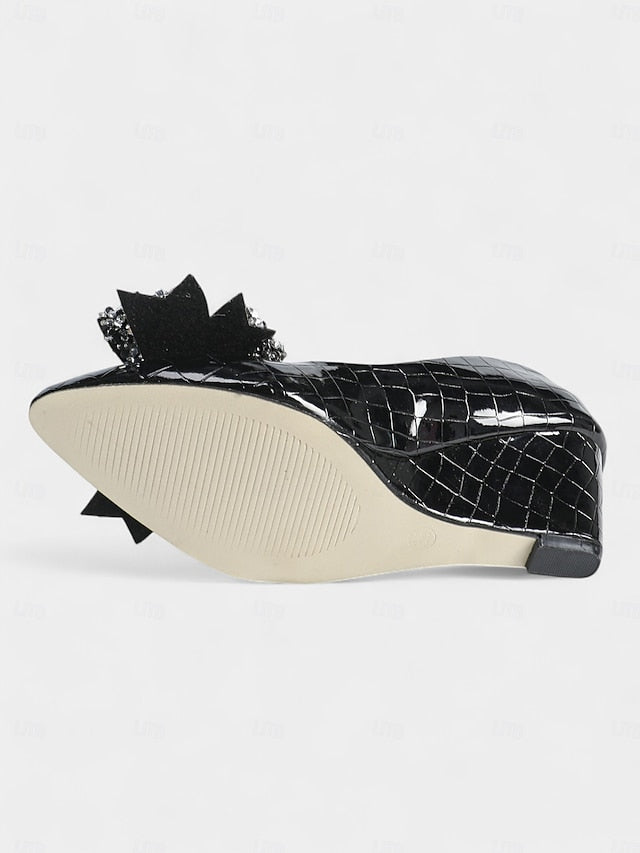 Glitter Bow Black Women's Leather Patent Heels with Wedge FashionChic