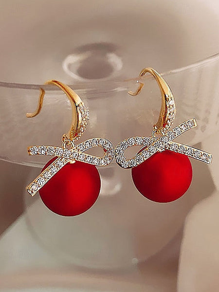 and Rhinestone with Pearl Earrings Christmas Women's Bow FashionChic