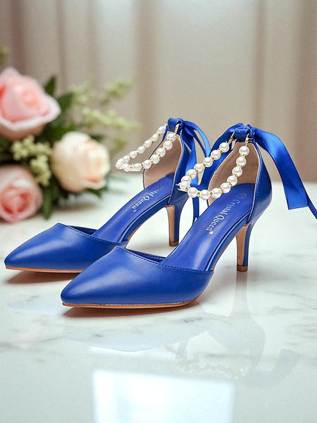 Ankle Pumps Heel Strap - Bow Women's Pearl Kitten Blue with FashionChic