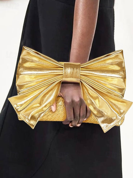 Oversized Bow with Faux Bag Women's Leather Clutch Gold FashionChic