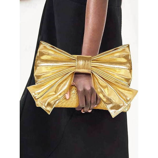 Oversized Faux Leather Bag Women's Clutch Bow with Gold FashionChic
