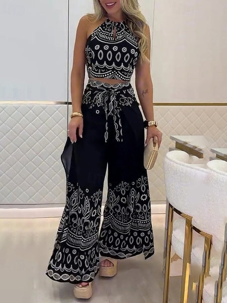 Women's Active Boho Blouse Pants Sets Sleeveless Halter