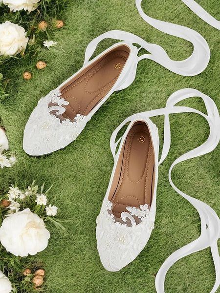 with Lace Shoes Ties - Ribbon Flats Wedding Elegant Bridal White FashionChic