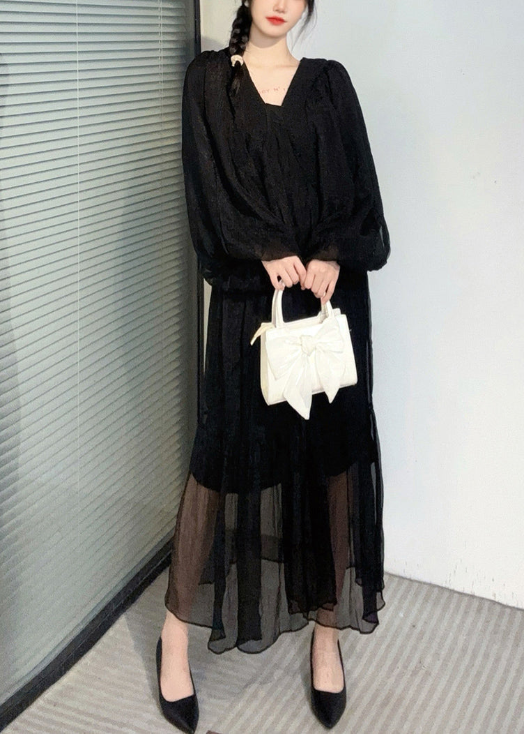 Summer New Watermelon Red V Neck Wrinkled Puff Sleeve Long Dress AO1050 JDML-FDL240909