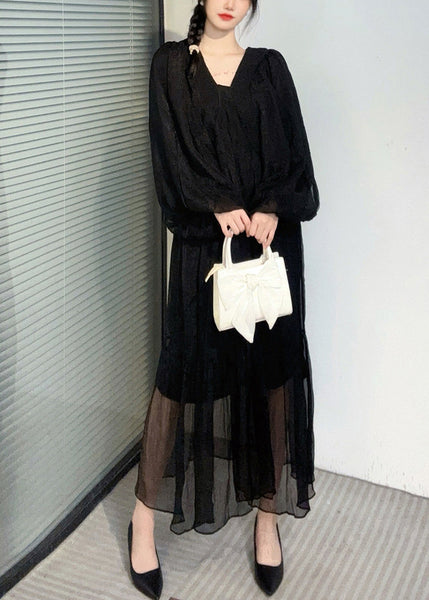 Summer New Watermelon Red V Neck Wrinkled Puff Sleeve Long Dress AO1050 JDML-FDL240909