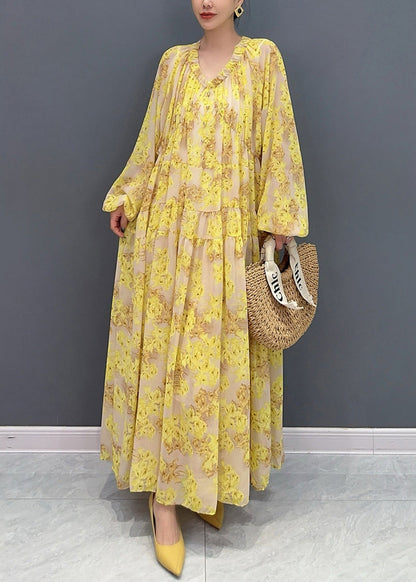 Plus Size Yellow V Neck Ruffled Print Chiffon Long Dresses Fall AO1069 JDML-FDL240909