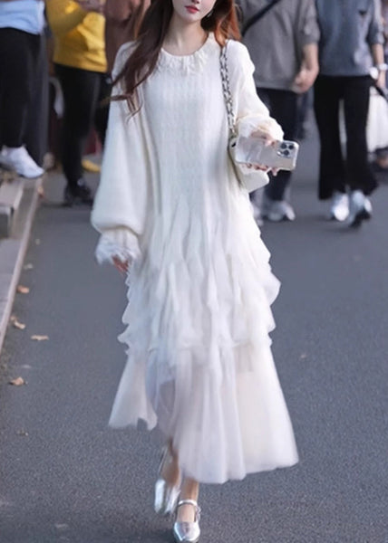 White Maxi Sleeve Solid Tulle Butterfly Dresses Elegant Patchwork FashionChic