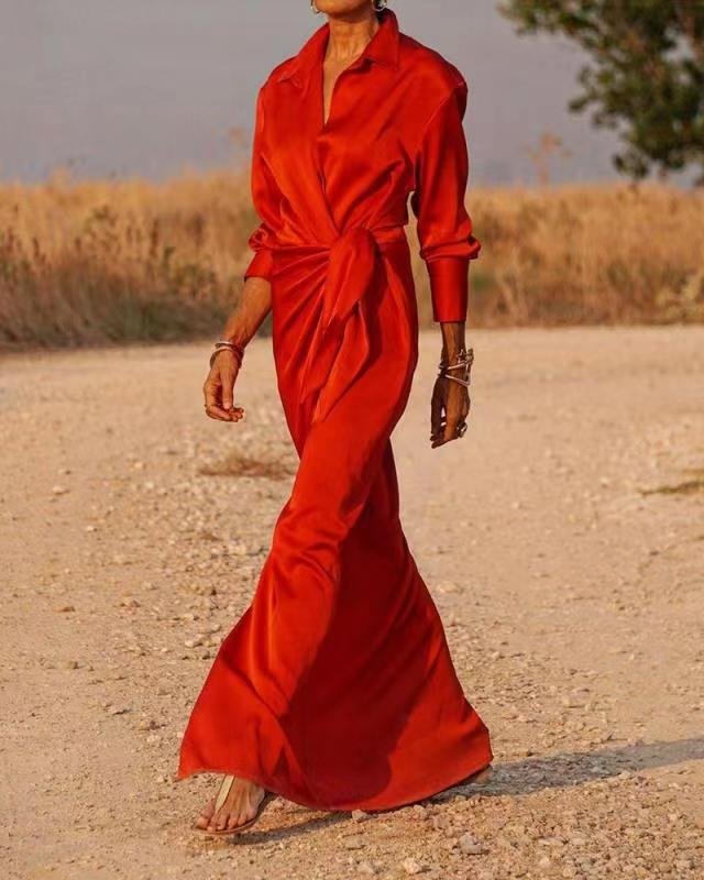 Red Satin Wrap Shirt Maxi Dress QB034 GSK-241025