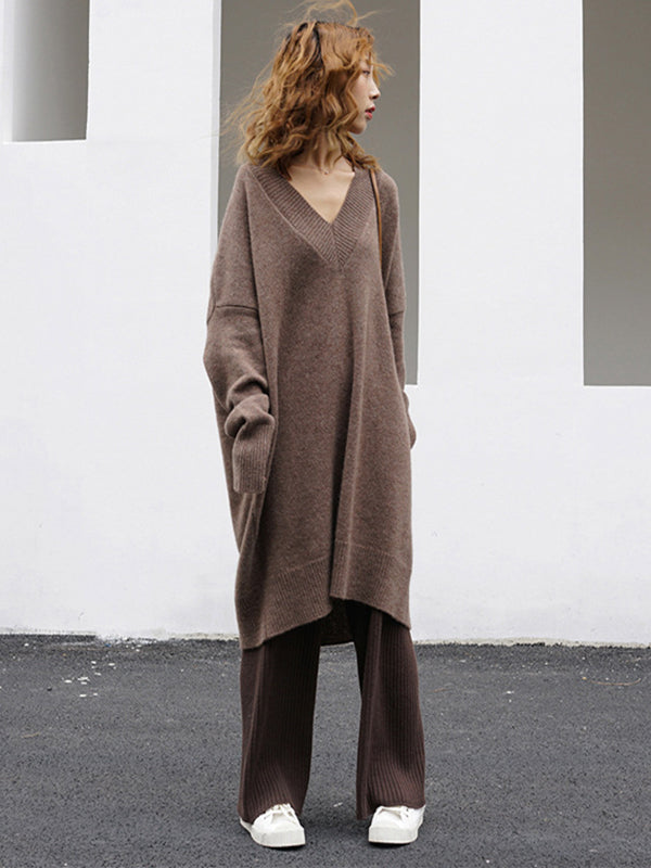 Stylish Loose Camel V-Neck Long Sleeve Sweater Dress QX006 shopify