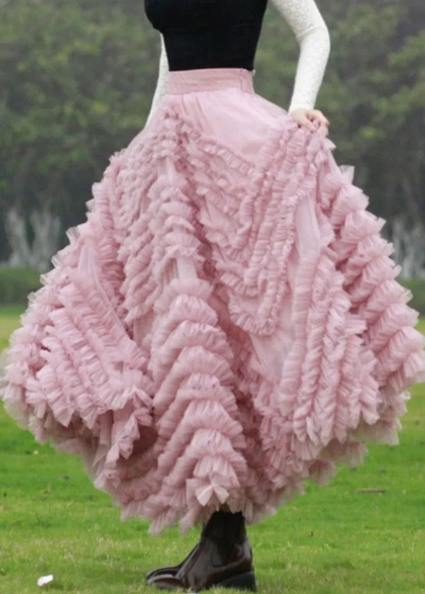 Italian Pink Ruffled High Waist Tulle Skirts Fall AU1002 OM-ZS240902