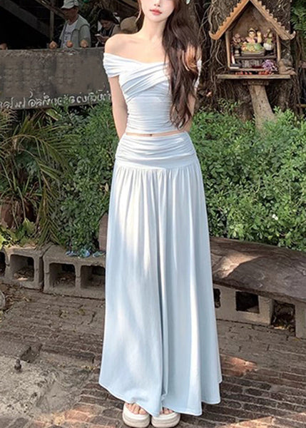 Art Two Beige Summer Skirts Pieces Wrinkled And Set Tops Cotton FashionChic