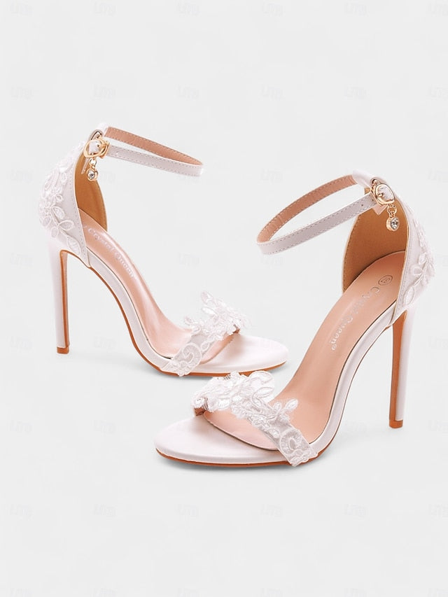 Women's Strap Lace Ankle White Heels Stiletto with Wedding FashionChic