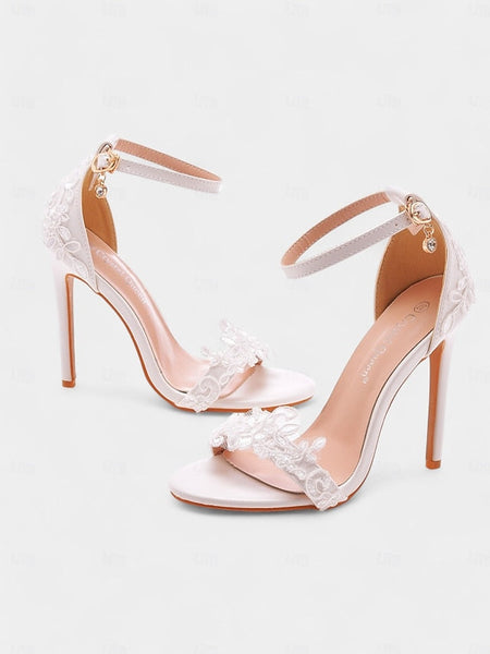 Women's Wedding Strap White Ankle Heels Stiletto Lace with FashionChic