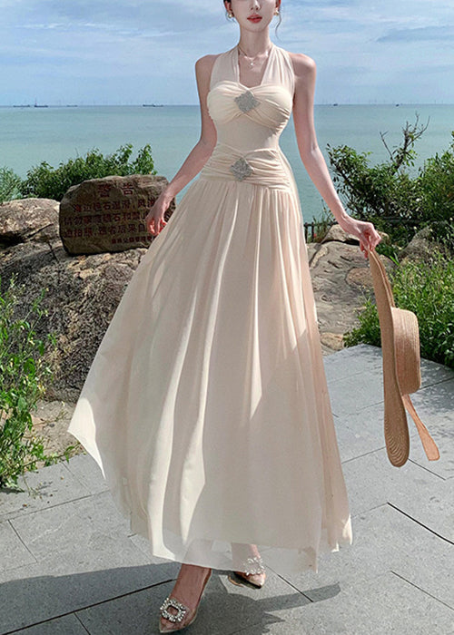 Dresses Waist Wrinkled High Long Cotton Summer Apricot FashionChic