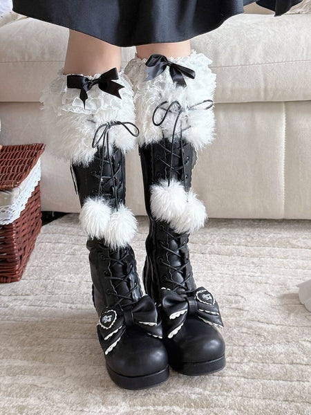 PU Plush Collar with Lolita Design Boots Heeled Black - Sweet FashionChic
