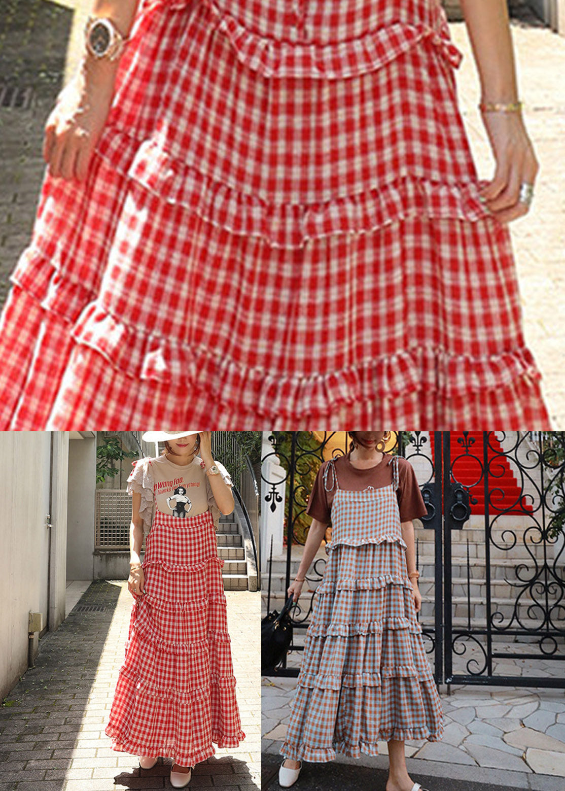 neck Plaid Sleeveless Button Stylish Dresses Layered Red Slash FashionChic