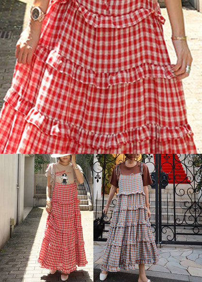 neck Plaid Sleeveless Button Stylish Dresses Layered Red Slash FashionChic