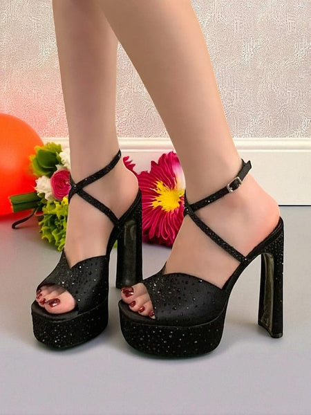 Heel Peep Women's Rhinestone Sandals with Toe Platform High FashionChic