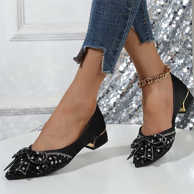 with - Women's Elegant Detail Rhinestone Glitter Flats Bow FashionChic