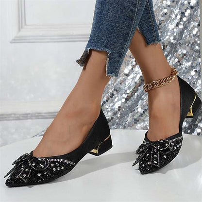 with - Women's Elegant Detail Rhinestone Glitter Flats Bow FashionChic