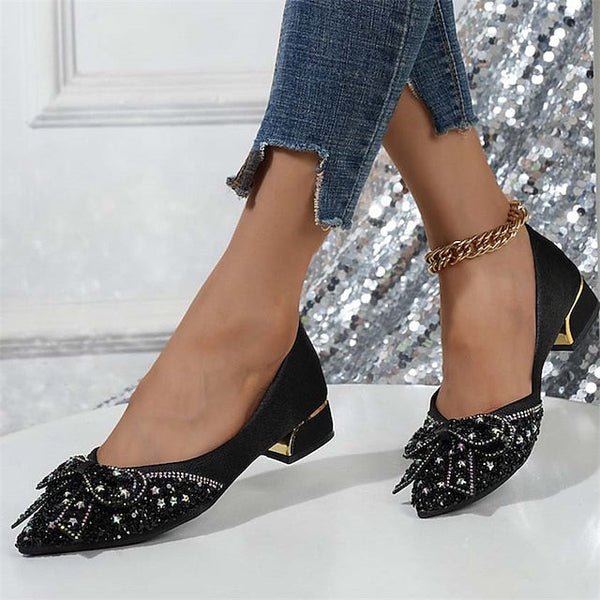 with - Women's Elegant Detail Rhinestone Glitter Flats Bow FashionChic