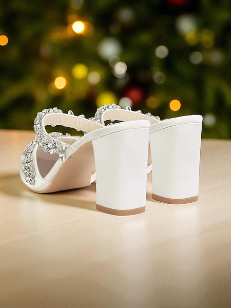 with Heel Mules Satin Floral Block Women's Black Rhinestone FashionChic