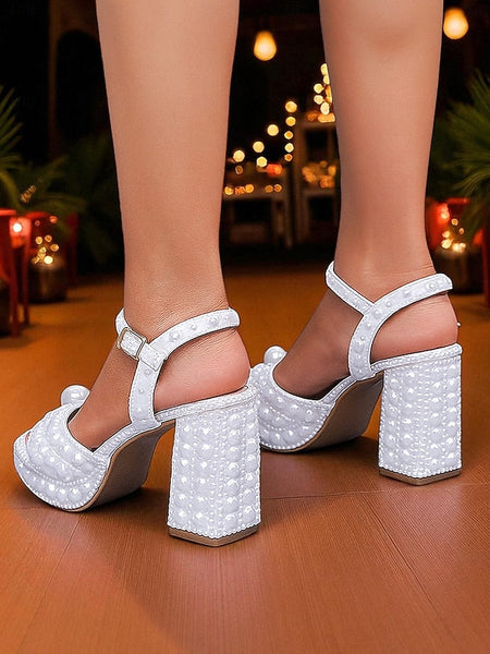 White Embellished Block Women's Platform Pearl Heel Sandals FashionChic