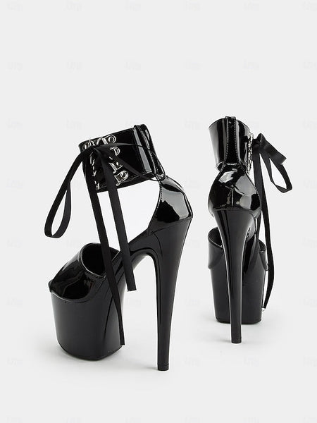 Lace-Up Sandals Ankle Straps Black with Leather Platform Patent FashionChic